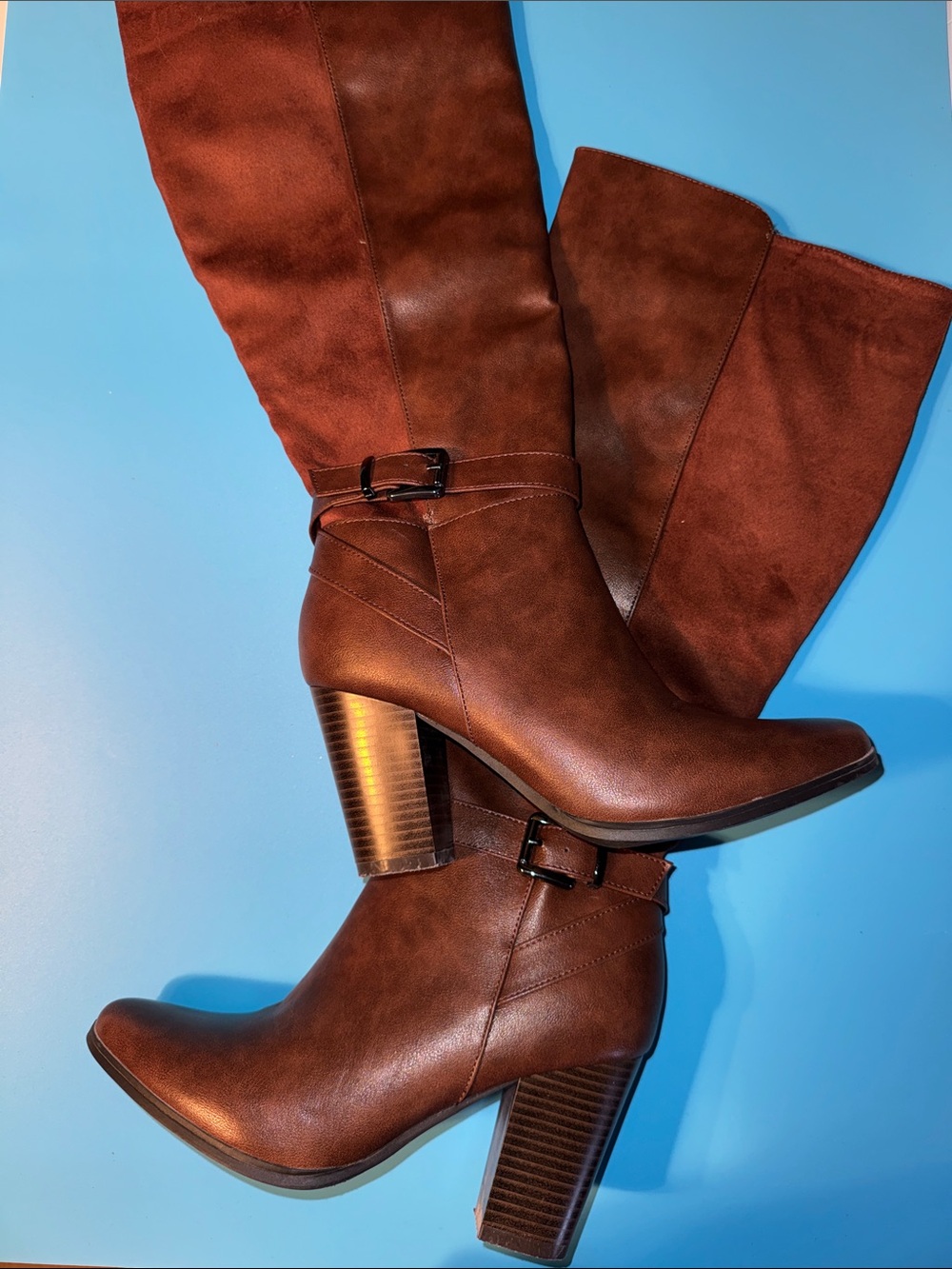 Brown Faux Leather Suede Stacked Heeled Knee High Boots Sz 9